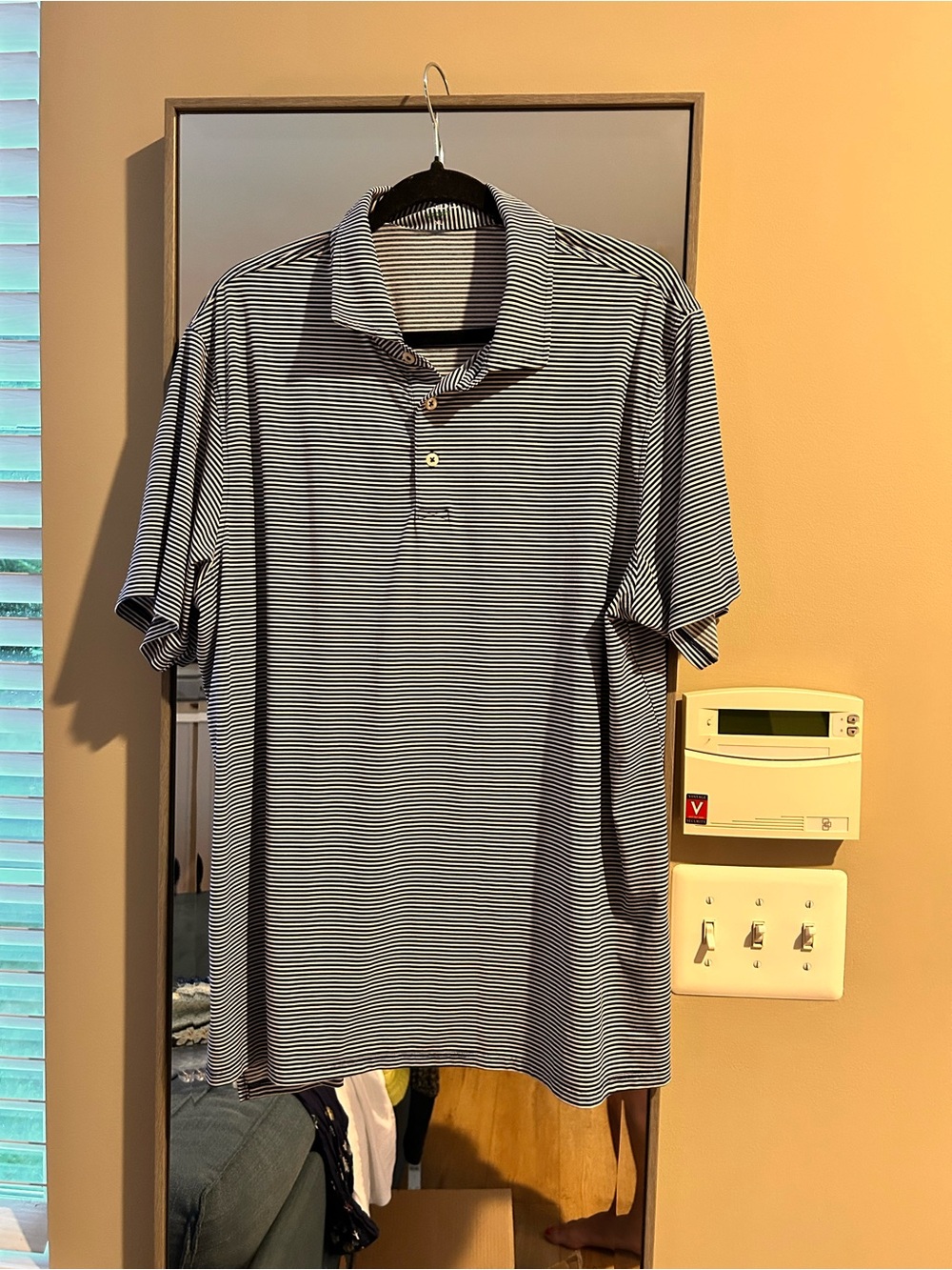 B.Draddy Men's Striped Polo Shirt in Navy and White with Green Lochinvar logo